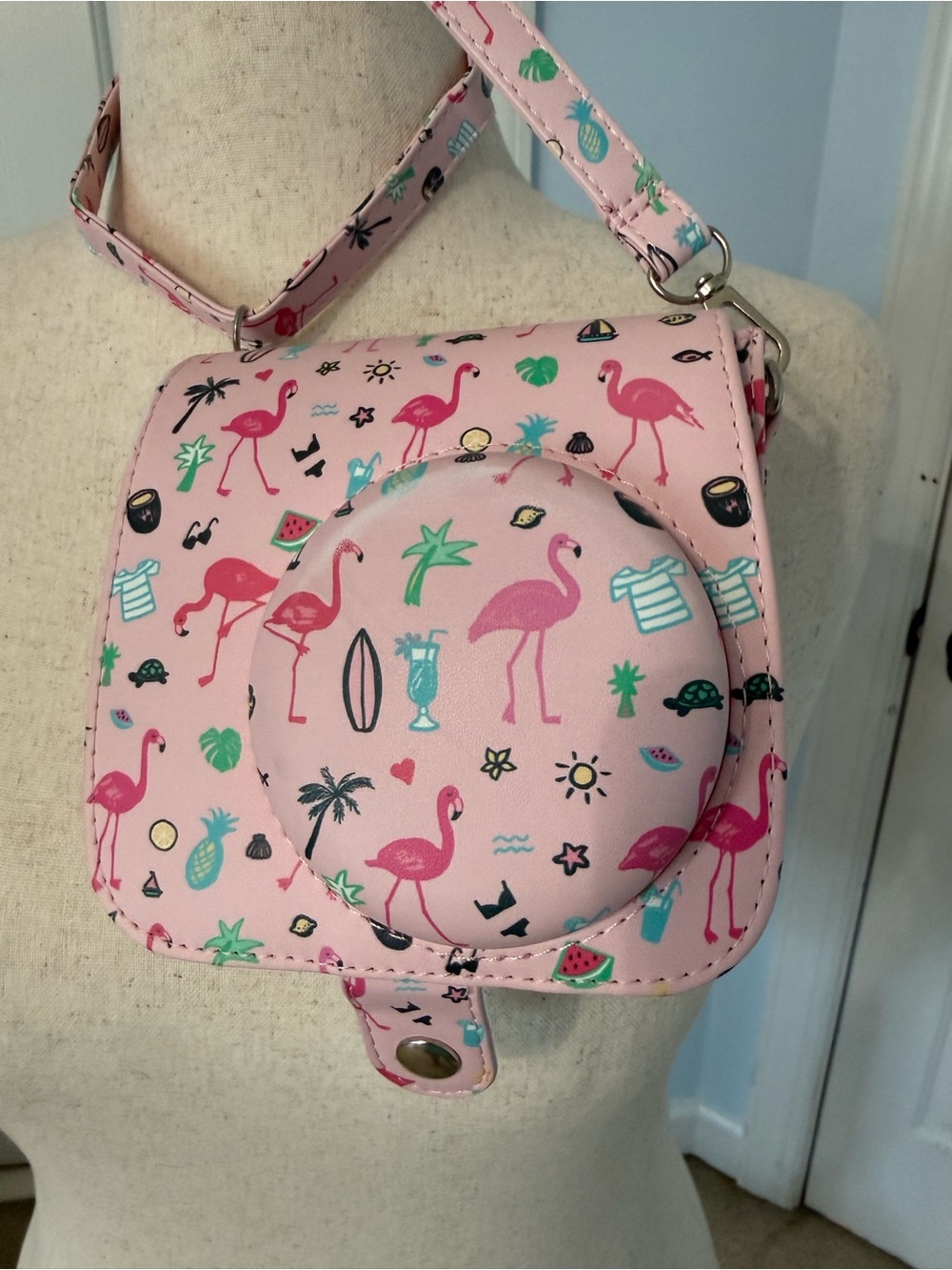 Pink Flamingo Print Crossbody Camera Bag